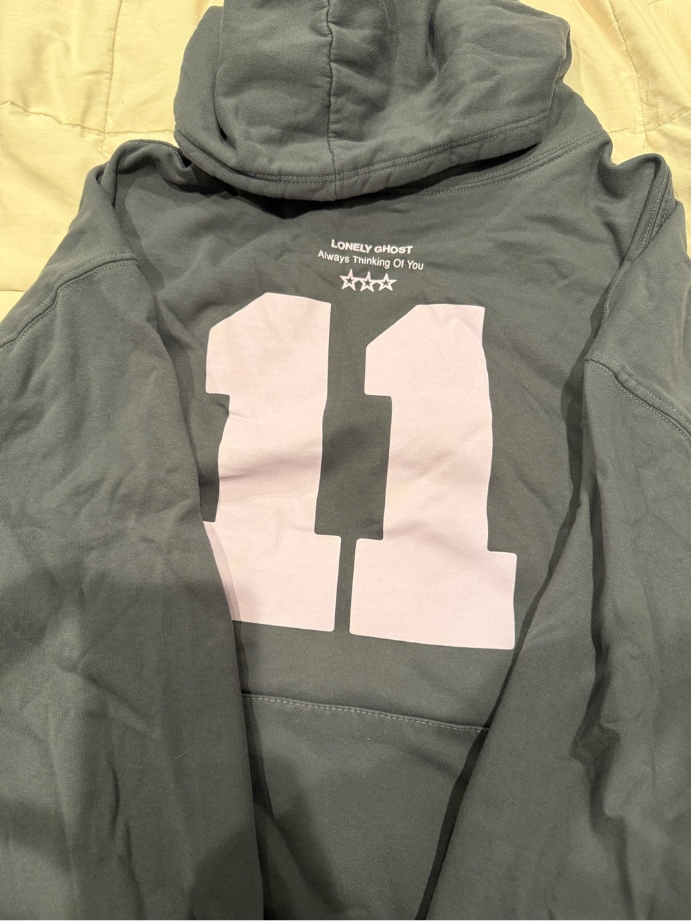 Lonely Ghost Gray Hoodie with Pink 11 in front and 11 in black lilac print.